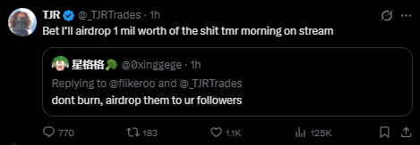 TJR on X: Bet I'll airdrop 1 mil worth tmr morning on stream
